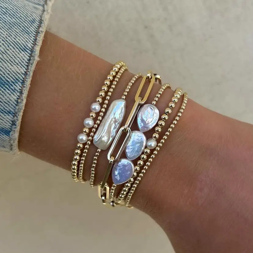 KKBEAD 7-teiliges Armband-Set mit natürlichen Perlen für Damen, 18 Karat vergoldete Perlen, luxuriöser Schmuck, Geschenk, Goldschmuck