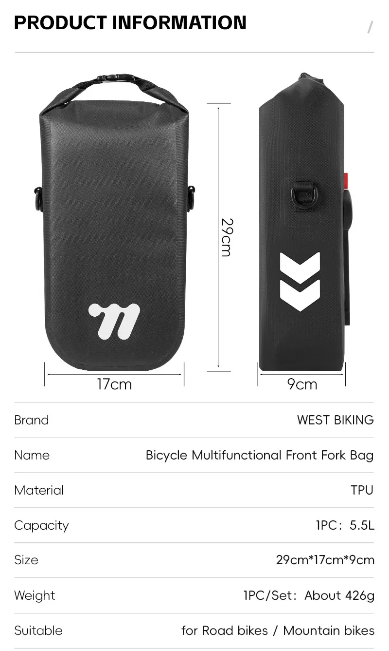 WEST BIKING Fahrrad-Vorderradgabel-Tasche 5,5L Vollständig Wasserdicht Schnellverschluss Fahrradtasche Radfahrer-Aufbewahrungstasche MTB Rennrad Zubehör – Detail 4