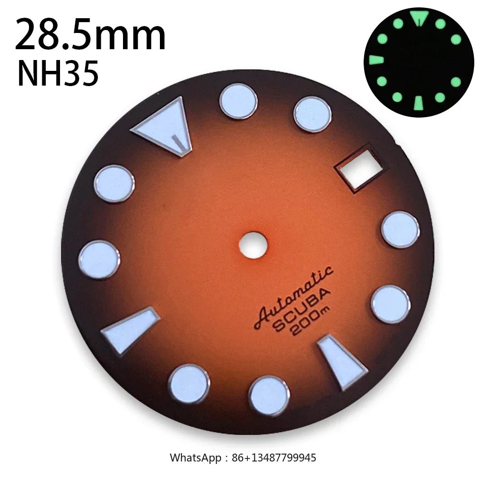 S 로고 다이버 다이얼, 일본 NH35, NH36, 4R, 7S 무브먼트, 그린 루미너스 시계 수정 액세서리, 28.5mm
