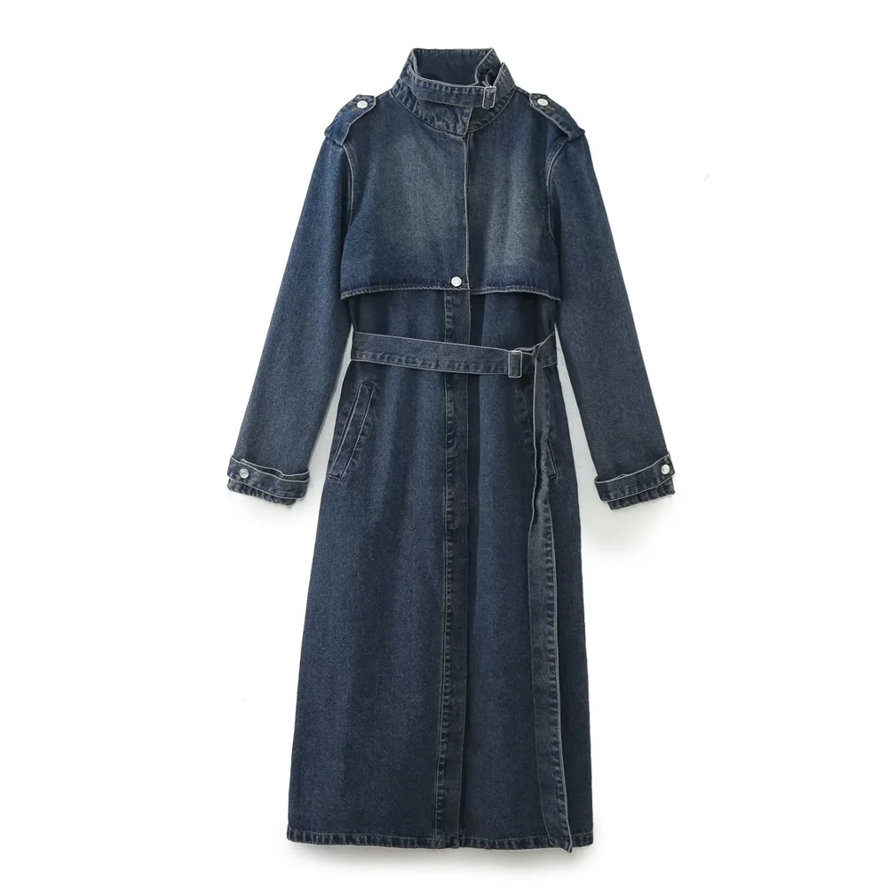 

2023 Autumn New Women's Fashion Retro Casual Versatile Stand up Neck Belt Waist Wrapped Long denim trench coat