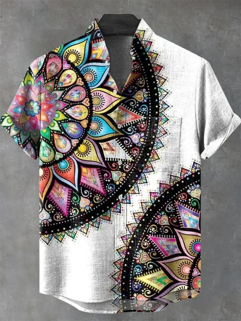 Summer Men's Printed Short Sleeve Shirt Vintage Linen Shirt Men's Festival Casual Short Sleeve Top Street Trend Fast Delivery 2