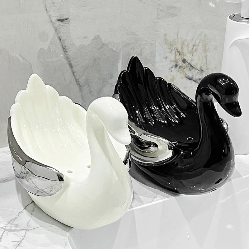 Ceramic Draining Soap Box, Light luxury Cartoon Cute Swan Shaped Soap Dishes, Home, Bathroom Kitchen Supplies, Storage Rack, 1Pc