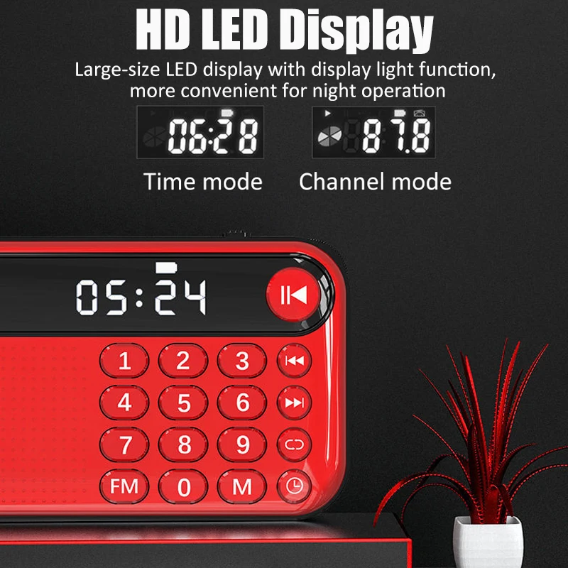 Portable FM Radio Mini Radios Receiver Built-in Powerful Speaker with LED Time Display USB/TF Card Music Player Power off Memory