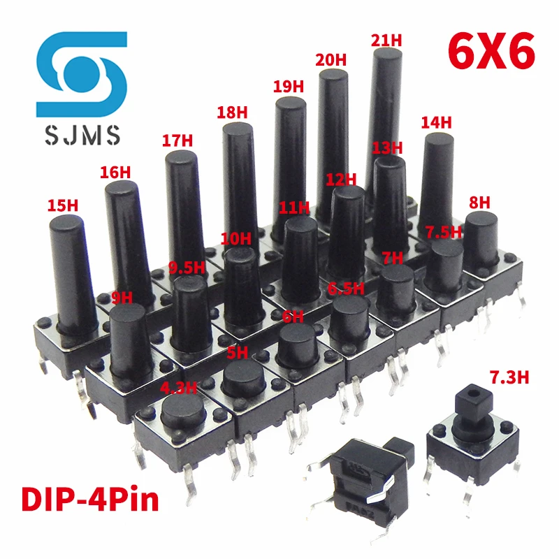 20/50 Stuks 6X6 6X6X5Mm Dip 4pin Tactiele Micro-Drukknop Schakelaar 6*6*4.3/5/6/7/8/9/10/11/12/13Mm Micro-Aanraakknop stroomschakelaars