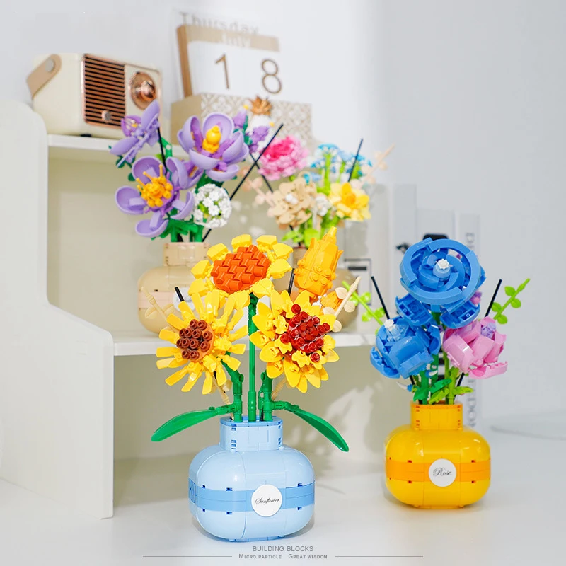 

Flower Vase Building Block Micro Plants Bricks Sunflower Eternal Rose Violet 3D Model Toys Home Decoration For Girl Gift