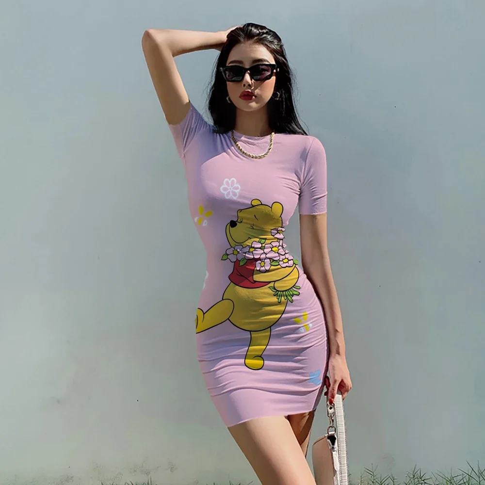 Disney Winnie the Pooh Bodycon Dresses for Women Short Sleeve Sexy Dress Summer Kawaii O Neck Robes Casual Party Club Vestido 6
