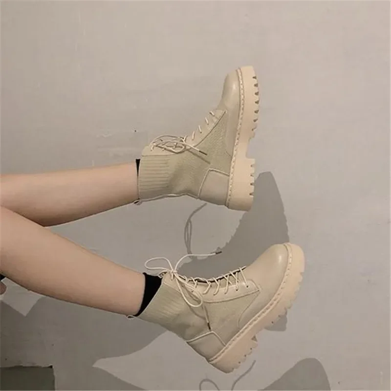 여성용 가을 오토바이 앵클 부츠, 두꺼운 힐, 플랫 앵클 신발, 여성용 슬립 온 라운드 토, 패션 부츠, 사이즈 34, 41