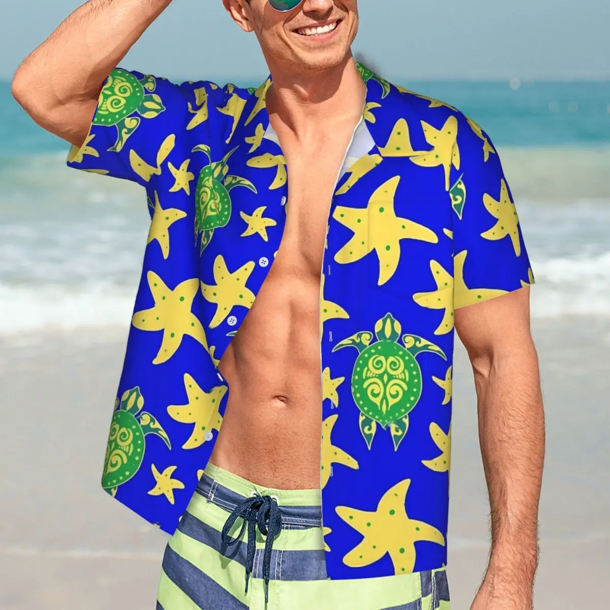 

Пляжная рубашка для плавания с принтом черепашек, мужские повседневные рубашки с принтом морской звезды, Гавайские крутые блузки большого размера с коротким рукавом и графическим принтом, подарок