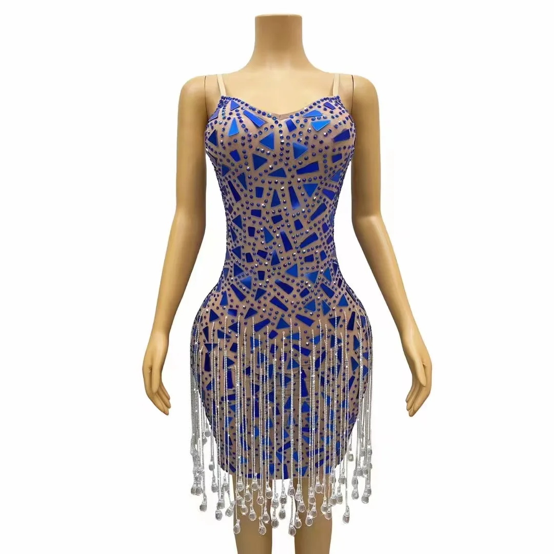 

Sexy Silver Blue Mirrors Rhinestones Crystals Fringes Dress Birthday Celebrate Sexy Singer Costume Party Photoshoot Dress