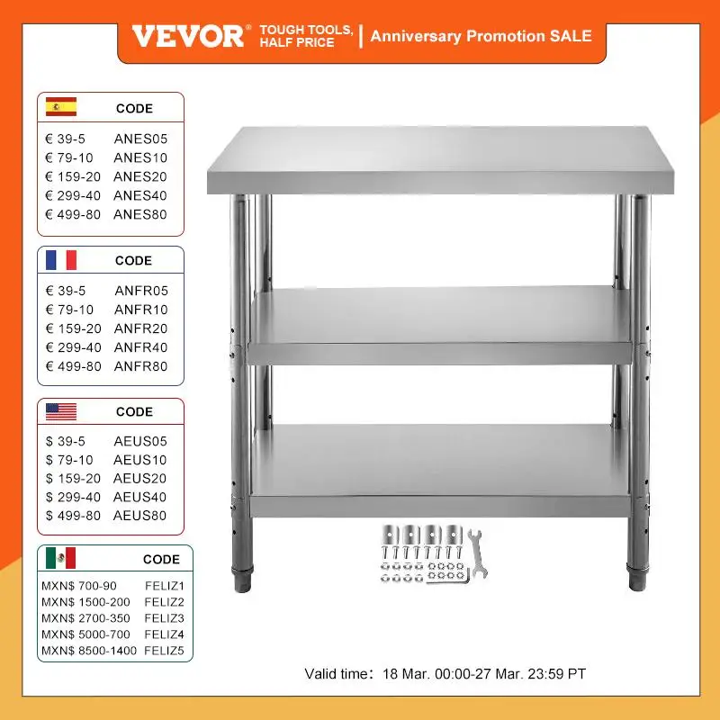 VEVOR Stainless Steel Work Table Storage Shelve Commercial Kitchen Food Prep with Installation for Home Projects Cafeteria Hotel vevor stainless steel work table storage shelve commercial kitchen food prep with installation for home projects cafeteria hotel
