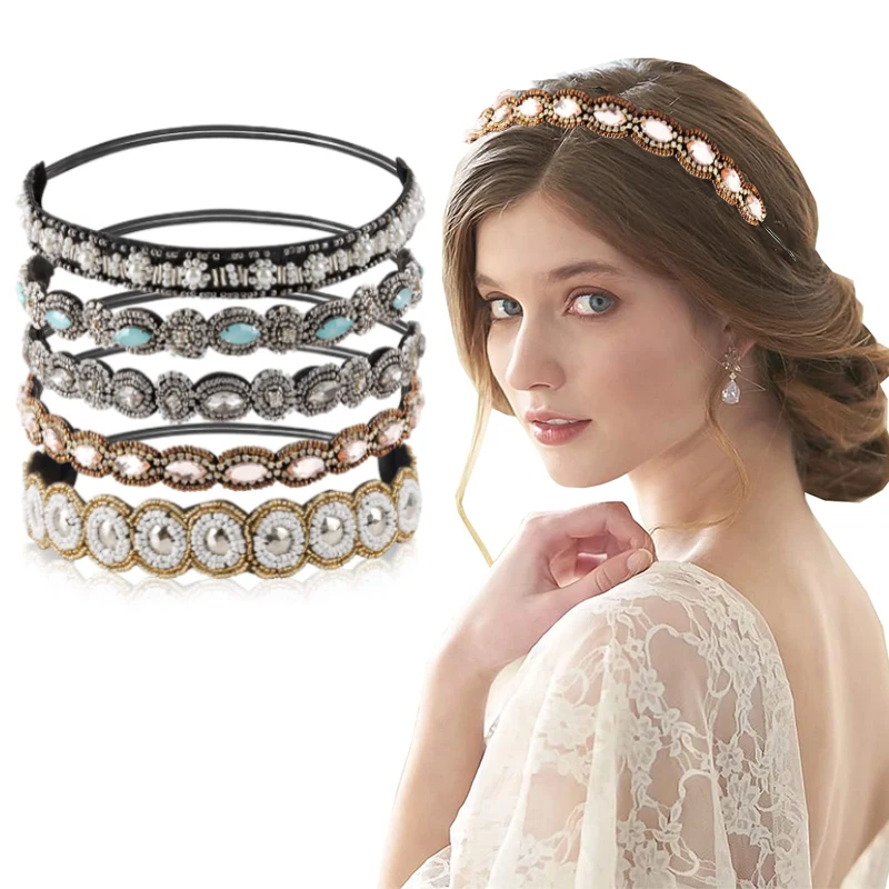 ncmama 5Pcs/lot Rhinestone Headband For Women Fashionable Handmade Crystal Beaded Elastic Hairbands Hair Jewelry Accessories water drop rhinestone morocco birdal belts gold plated wedding jewelry cinturones para mujer para vestido de fiesta dress belt