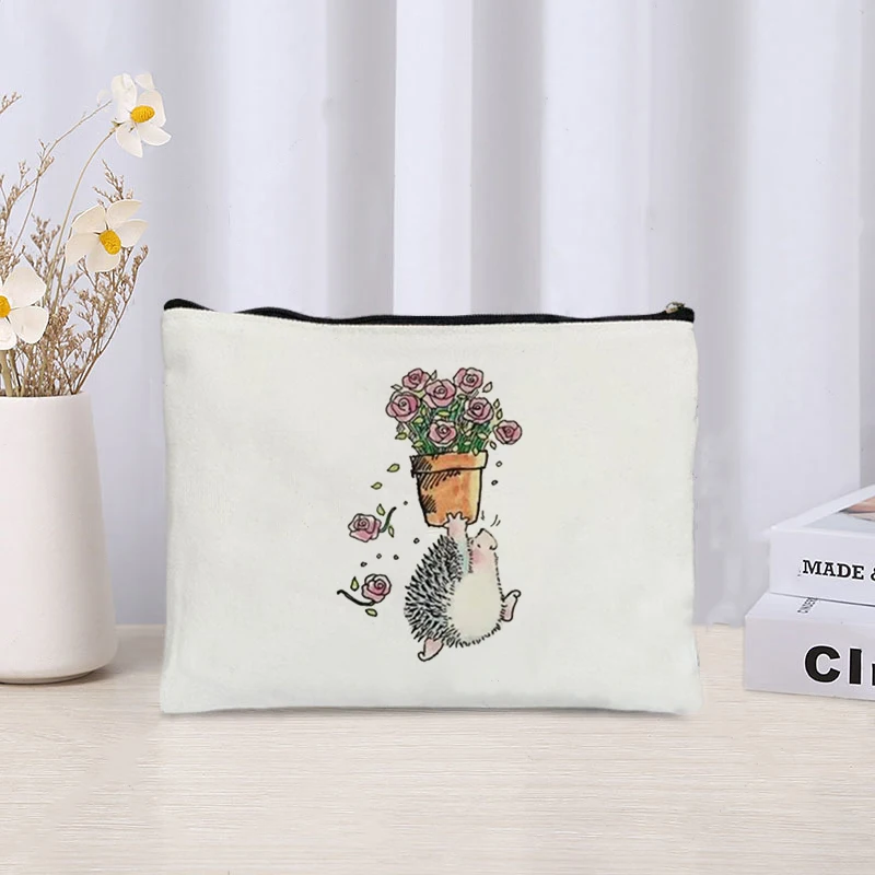 Cartoon Hedgehog Print Zipper Canvas Bag Organizer Skin Care Products Sundries Storage Cosmetic Bags Cute Stationery Pencil Case 2