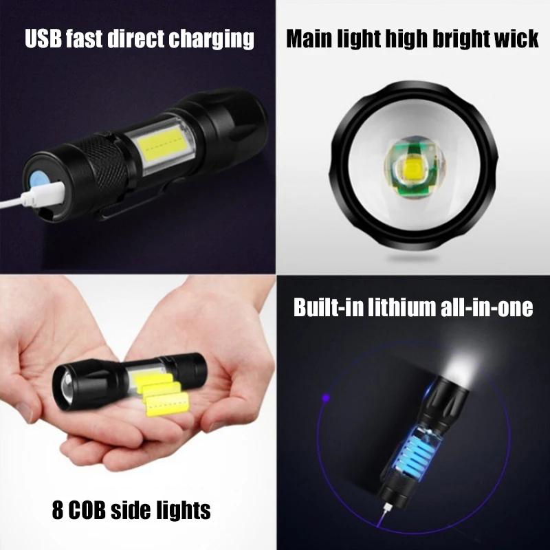미니 토치 LED 충전식 손전등, 휴대용 USB 충전 손전등, 보조배터리 캠핑 방수 장거리 랜턴