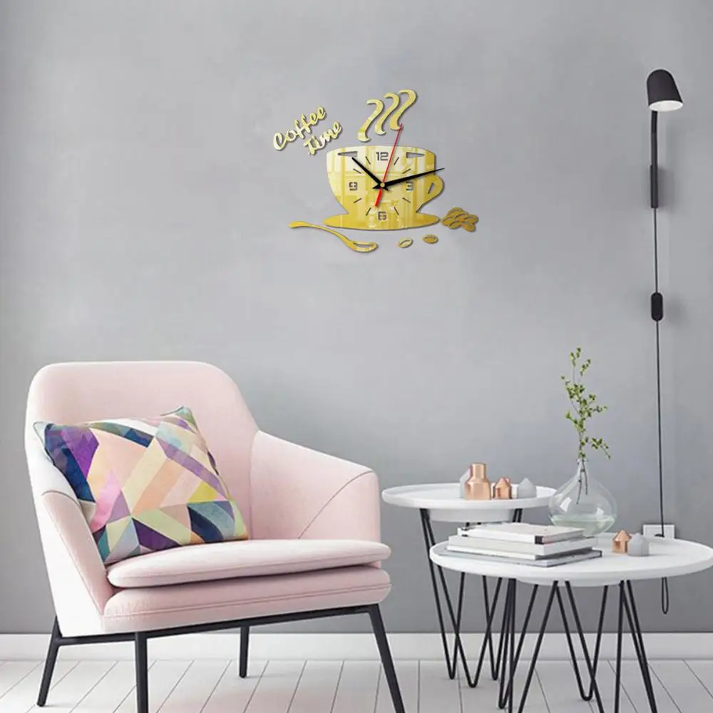 Description Picture 6 of item3D Mirror Coffee Cup Shaped Wall Clocks Modern Design Creative Wall Clock Sticker For DIY Kitchen Living Room Home Decorations