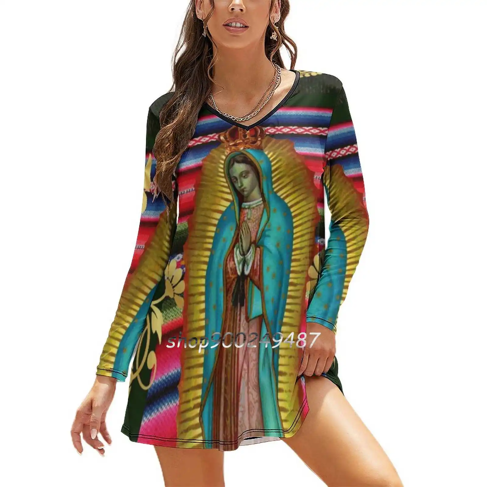 

Our Lady Of Guadalupe Virgin Mary Zarape 08 Women Spring Autumn Long Sleeve Dress Female Casual Dress Guadalupe Our Lady Of