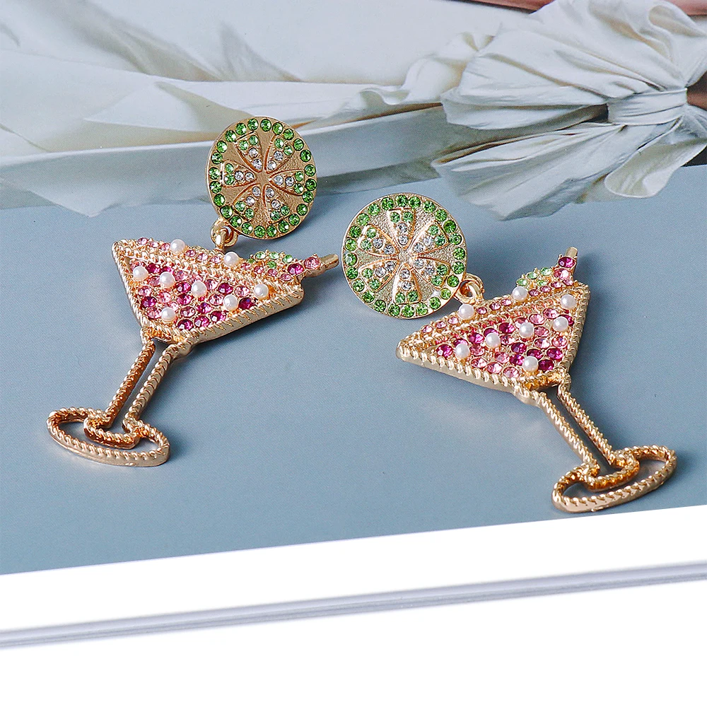 Rhinestone Cocktail Earrings Rhinestone Dangle Earrings Wine Glass