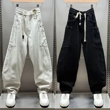 Jeans cargo in peluche e ispessito autunno inverno Pantaloni larghi dritti multi-bocca a gamba larga Abbigliamento da uomo di marca 1