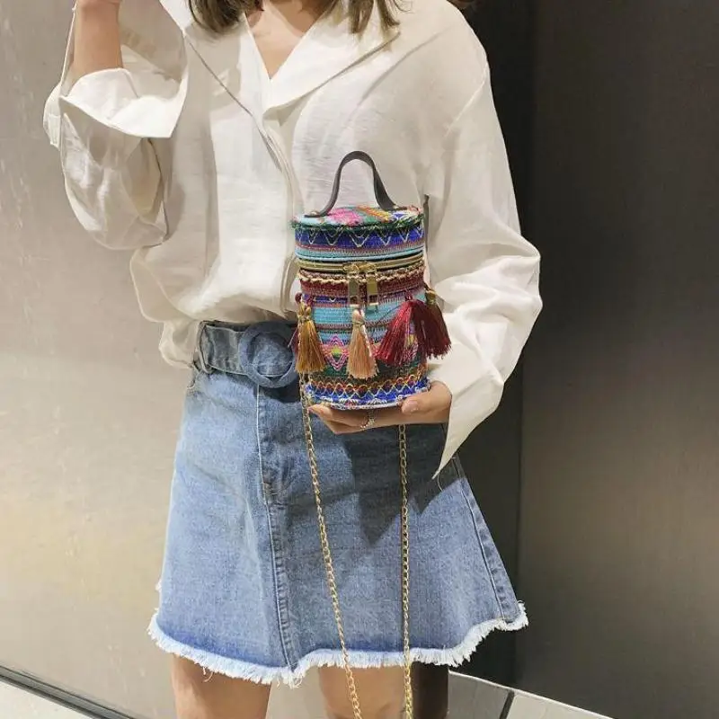 Fashion Handbag Women's Bag Straddle Bag Beach Bohemian Cylinder Bag National Style Chain Girl's Shoulder Bag Crossbody Bag