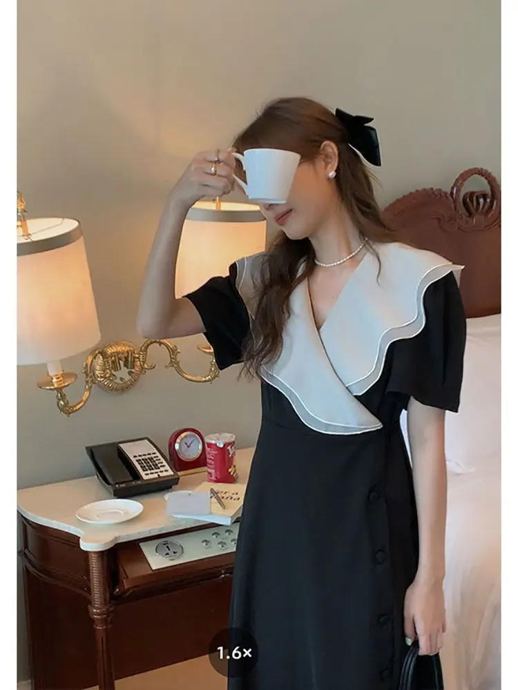 

Women Dress French Style Vintage Ruffled Collar A-Line Mid-Length Dresses 2022 Summer New Fashion High Waist Temperament Frock