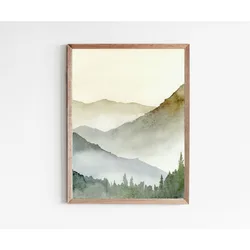 Sunset Green Mountain Watercolor Canvas: Rustic Pine Forest Wall Art for Home Decor (2)