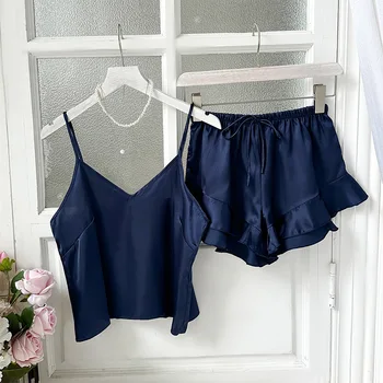 2 قطعة مجموعة الحرير النساء بيجامة مجموعات موضة Soild الحمالات والسراويل القصيرة مع حقيبة للحمل ملابس المنزل مجموعة مثير الحمالات للنساء 3