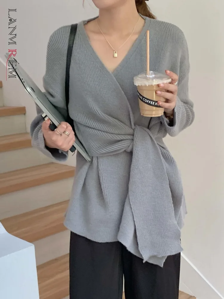 

LANMREM Women Knitted Cross-tie Sweater V Neck Solid Color Loose Korean Style Female Fashion Pullover 2023 Autumn Winter 2R7759