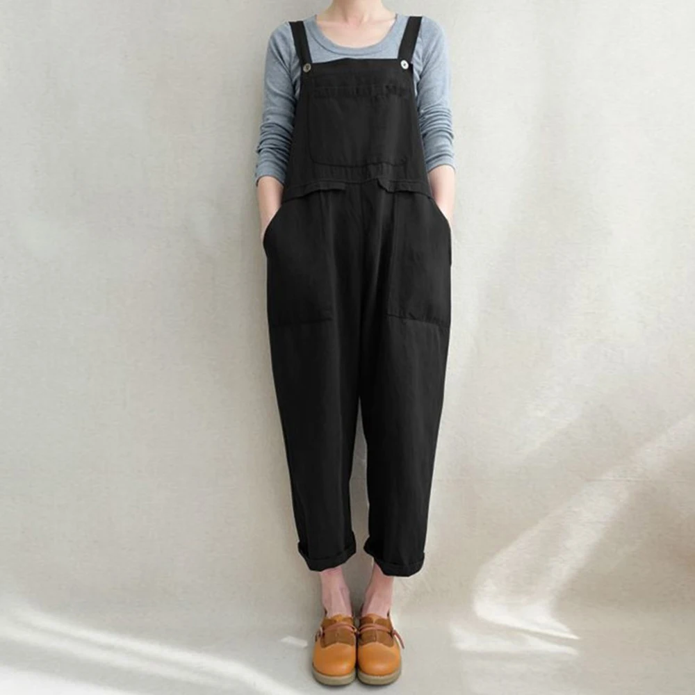 2023 New Women Straps Suspenders Summer Sleeveless Cotton Jumpsuits Fashion Solid Long Overalls Vintage Pockets Loose Rompers