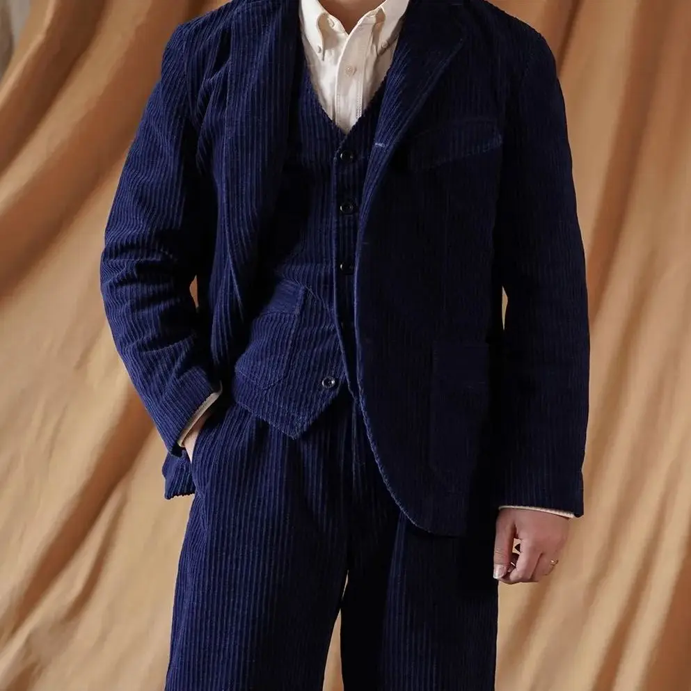 Men's Indigo Engineer Corduroy Suit Jacket Classic French Style Outwear 3