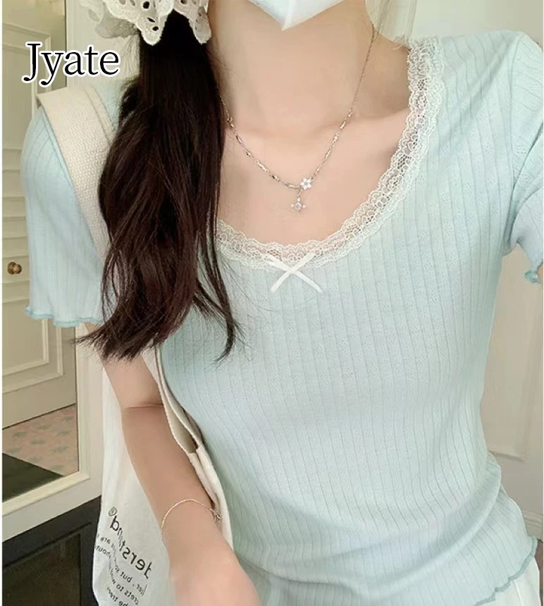 

Однотонная женская футболка с кружевной отделкой и люверсами, милая хлопковая Футболка с круглым вырезом и бантом, женские винтажные простые милые облегающие футболки Y2k, топы