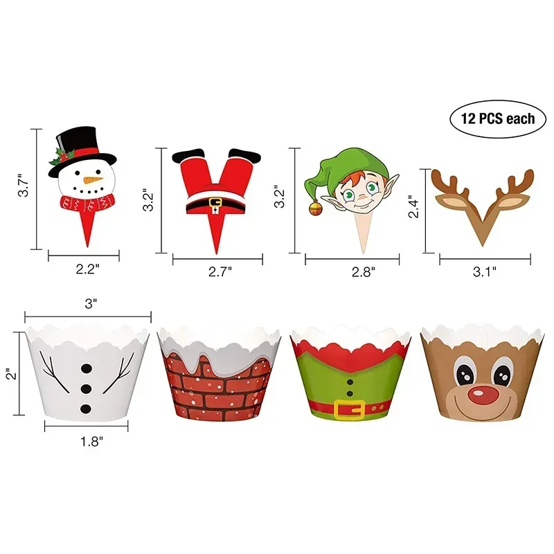 24/48pcs Christmas Paper Cupcake Wrapper Christmas New Year Birthday Party Cake Decorations Tools Santa Claus Cake Topper