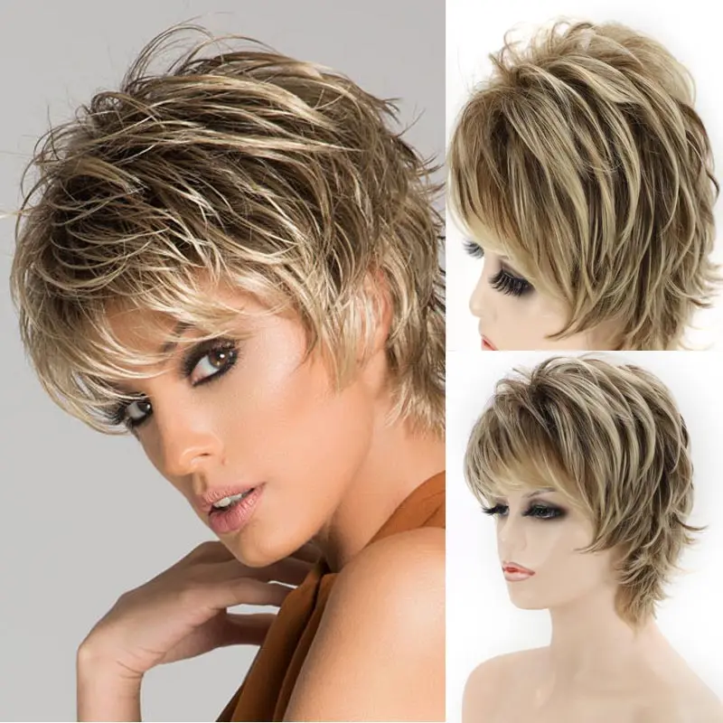 aliexpress.com - Women’s Fashion Short Synthetic Wigs Pixie Cut Blonde Ombre Hair Costume Party Wigs for Woman Fluffy Natural Curly Wavy Wig