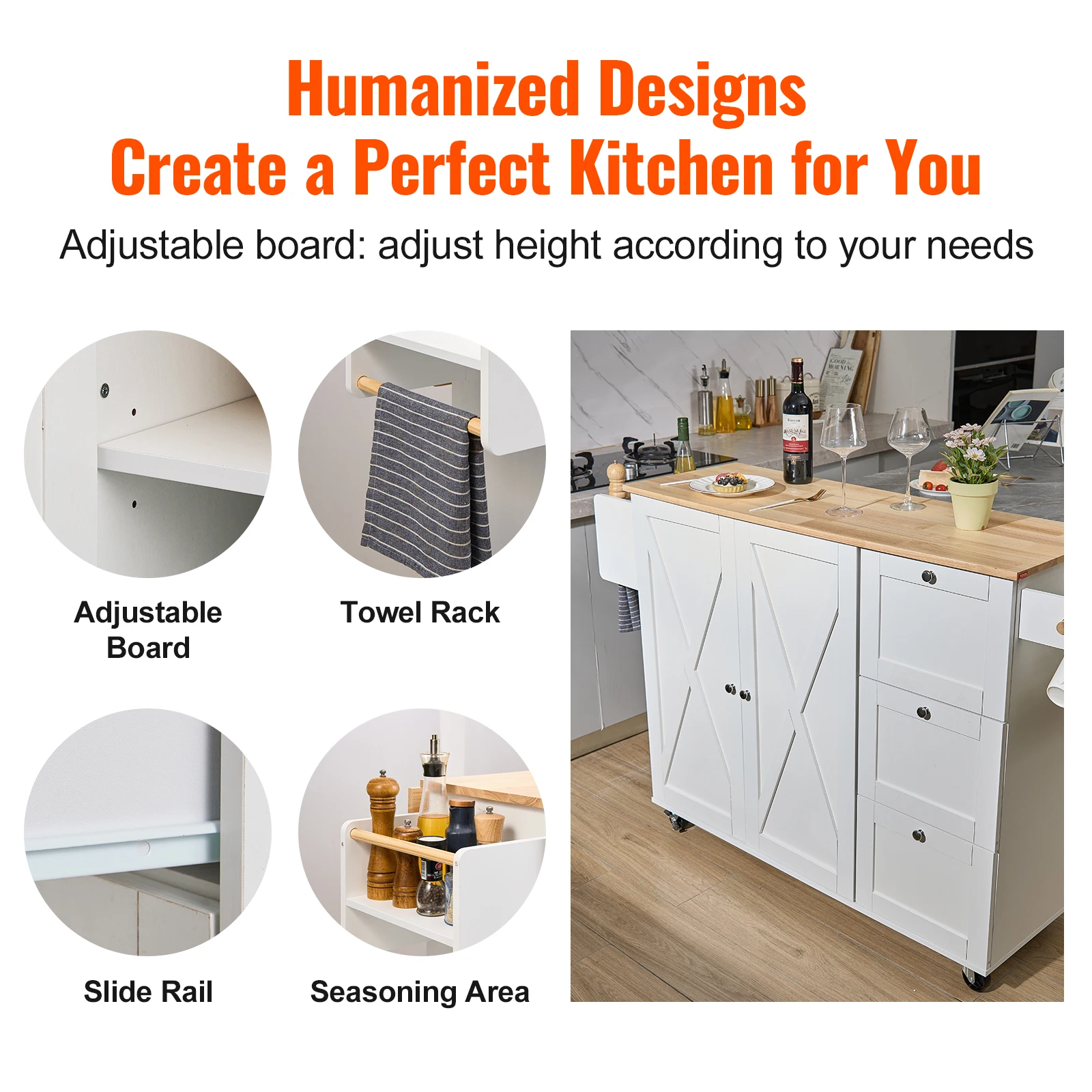 スリムレイ　カッティー　２箱 SucceBuy 2-Door 1/2 3-Drawer White Mobile Kitchen Island