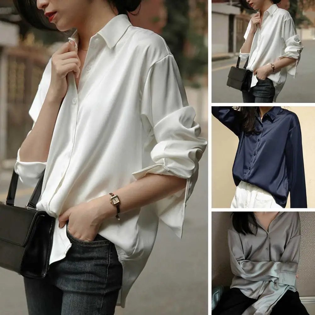

Women Shirt Formal Business Blouse Shirt Vintage Satin Silky Solid Color Loose Long Sleeve Lapel OL Commute Sping Fall Top