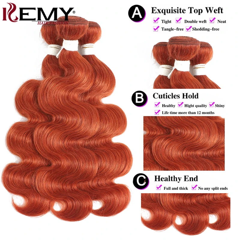 Body Wave Human Hair Bundles Brazilian Human Hair Weave Bundles 350 Orange Ginger Colored Remy Extension 1/3/4 PCS