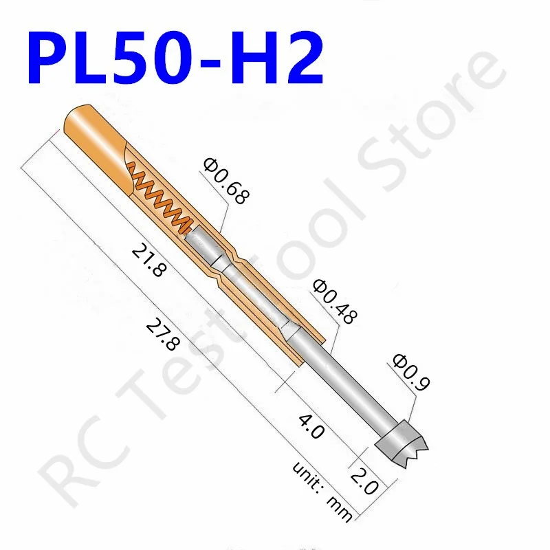 

100PCS PL50-H2 Spring Test Pin PL50-H Test Probe Copper Pogo Pin Metal Test Needle Test Tool 27.8mm Dia 0.68mm 0.90mm 0.48mm