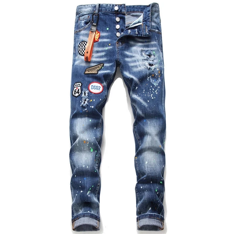 

European Italy Blue Men Fashion Brand Jeans Pants Men Slim Jeans Patchwork Moto & Biker Jeans Pants Black Hole Jeans for Men