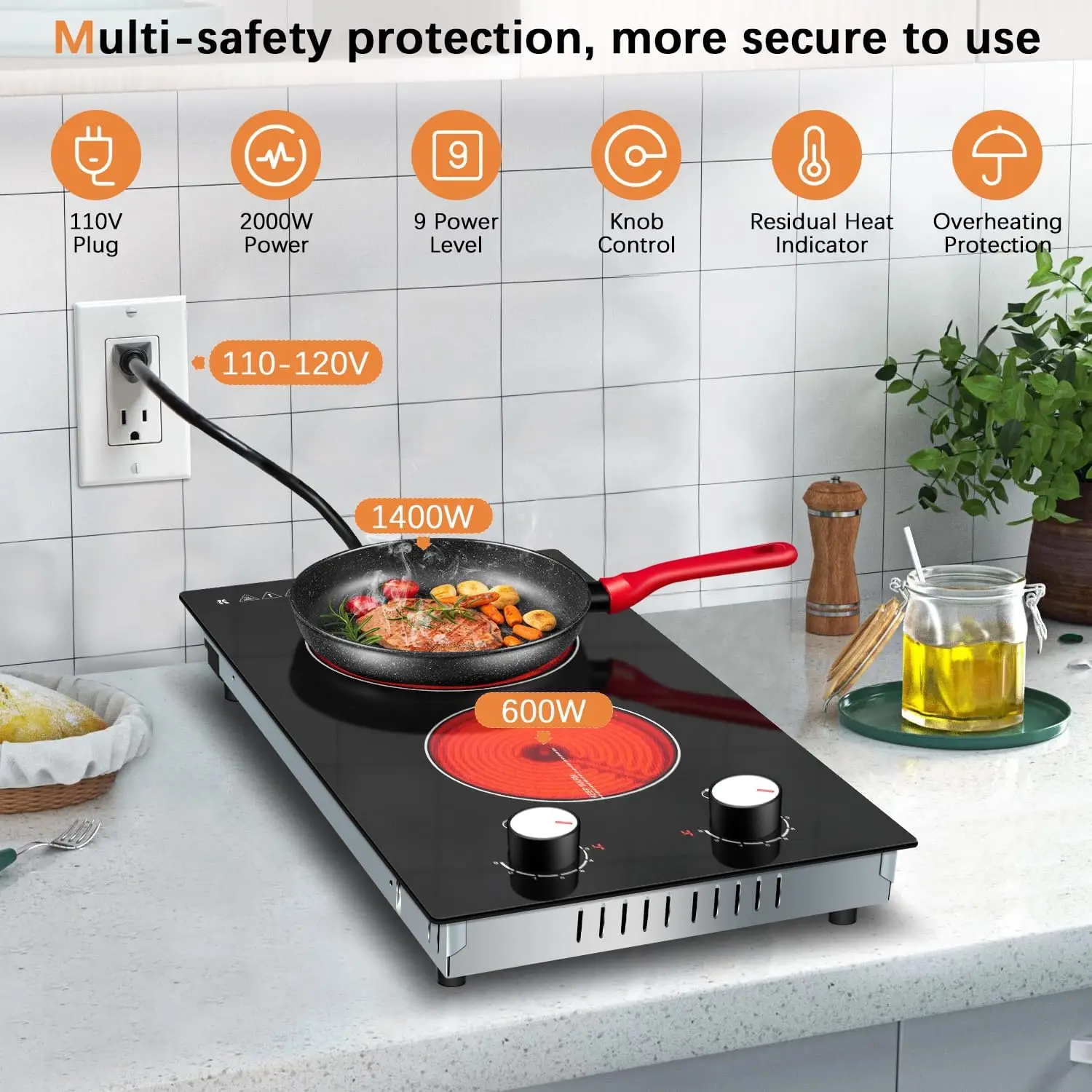 Karinear 110V Electric Cooktop 2 Burners Electric Stove 12 Inch Knob Control Countertop & Built-in Ceramic Cooktop (White Knob)
