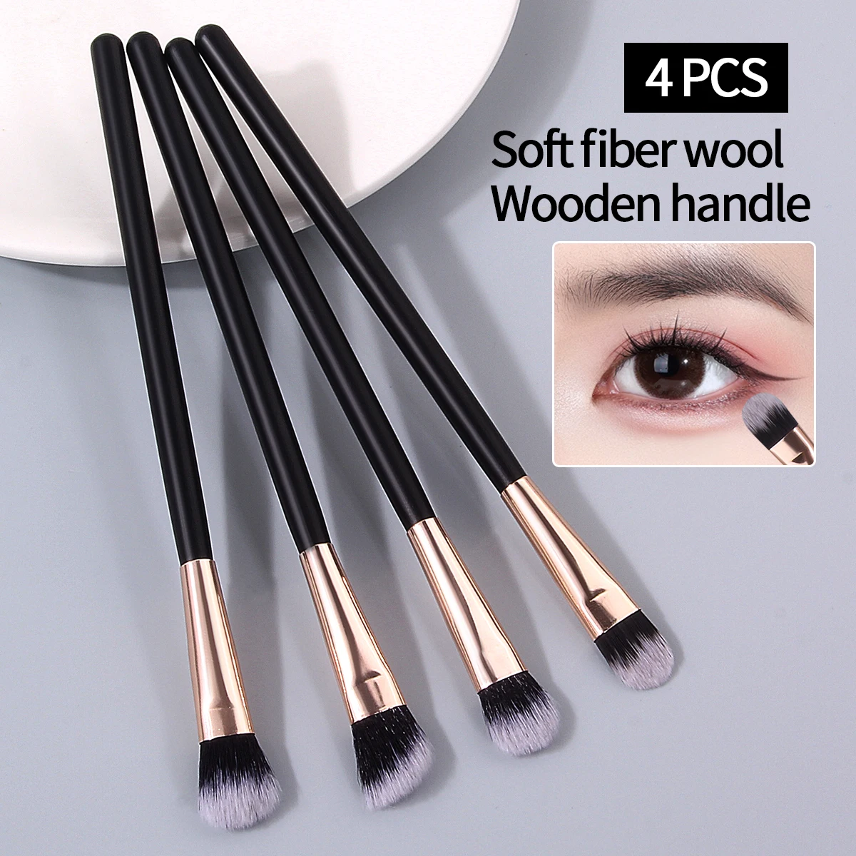 4PCS 부드러운 나무 손잡이 아이 메이크업 브러쉬, 아이섀도 브러쉬, 스머더 브러쉬, 디테일 브러쉬, 다목적 미용 도구