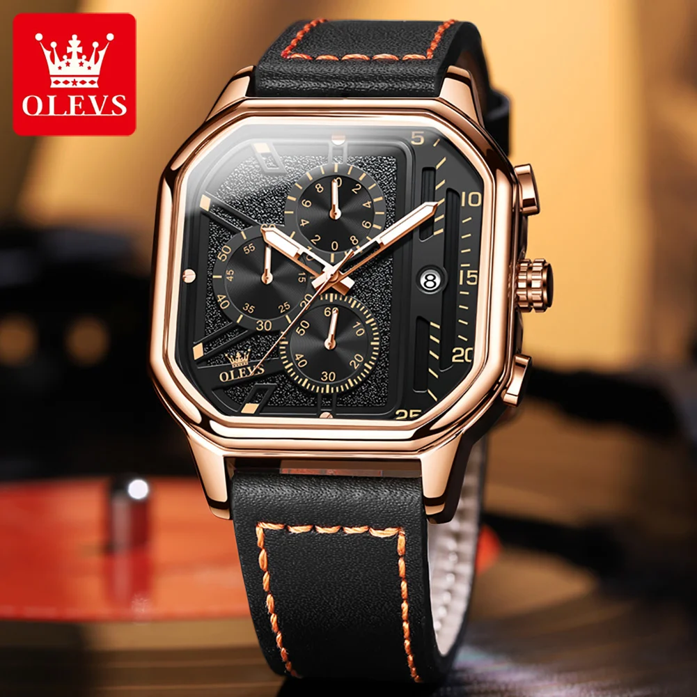 

Fashion Men's Watches Square Chronograph Quartz Watch for Man Waterproof Luminous Date Wristwatch Leather Strap Sport Trend Boys