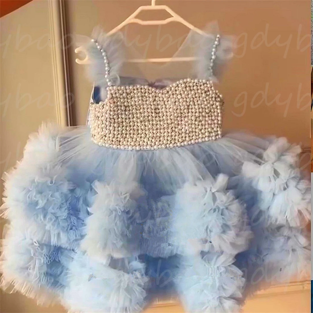 

Baby Girls Dresses Off Shoulder Pearls Lace Butterflies Flower Girl Dress Infant First Birthday Party Gown