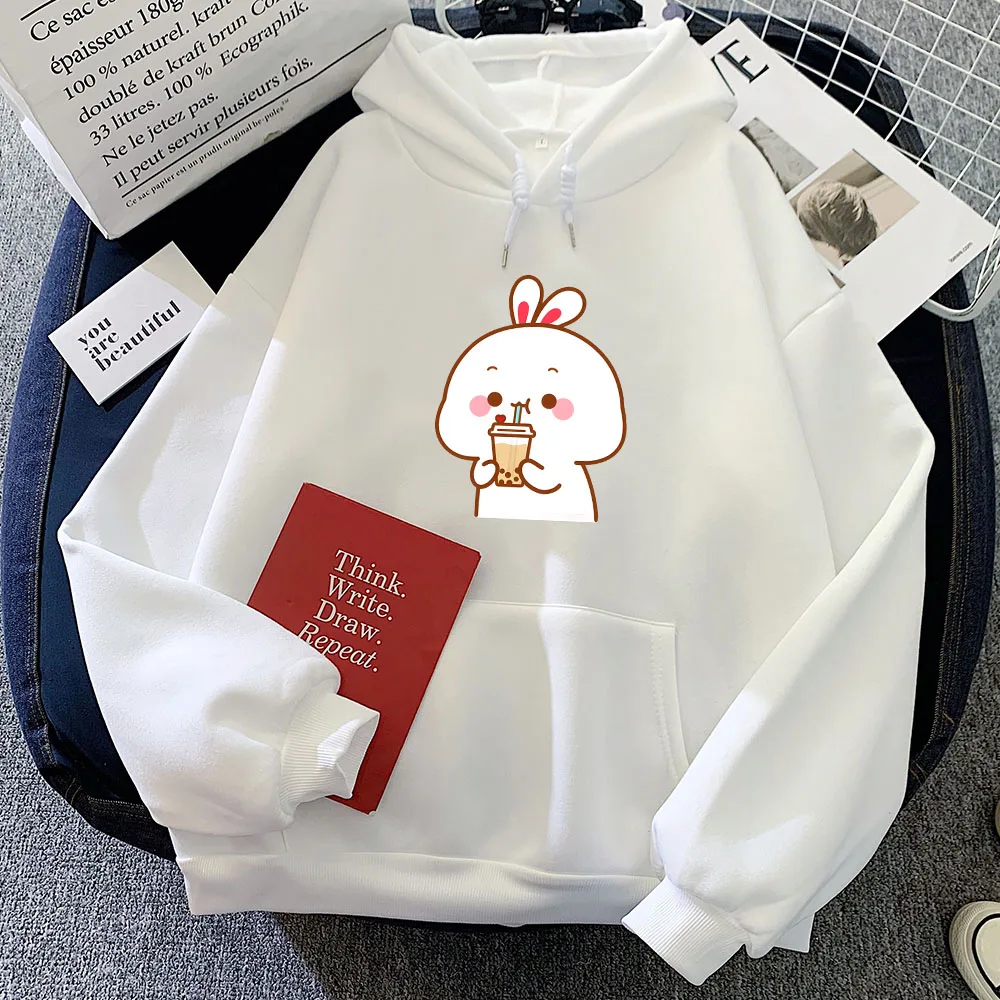 Cute Rabbit Drinking Milk Tea Hoodies for Girls Casual Long Sleeve Women Sweatshirts Winter Fleece Warm Cartoon Graphic Pullover