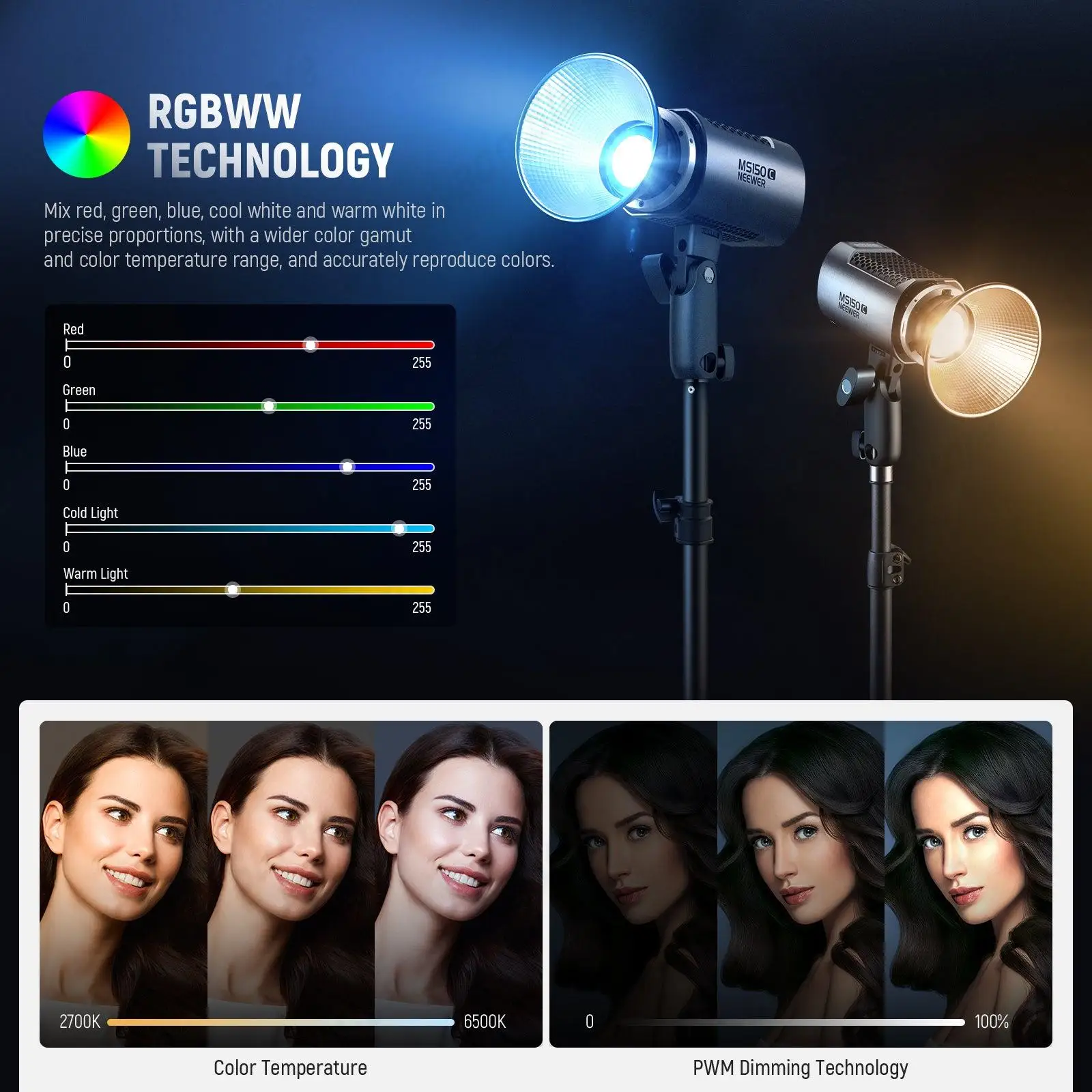 NEEWER 미니 RGB LED 비디오 조명, 현실적인 특수 효과, 인피니티 앱, 2.4G 무선 조명, 4 가지 조명 모드, MS150C, 150W
