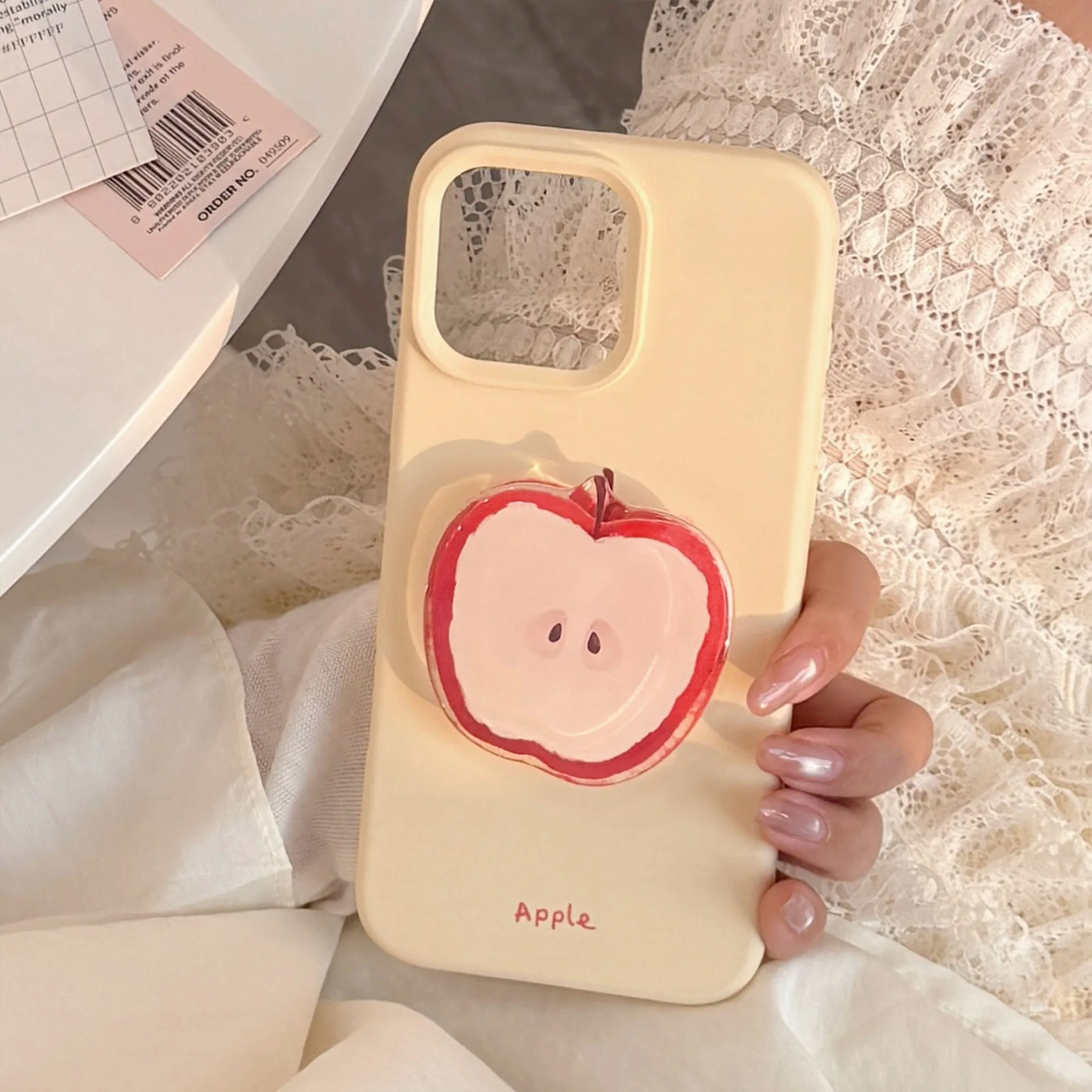 Korean Red Apple Graffiti Phone Case with Holder Lanyard - Soft Silicone Shockproof Cover
