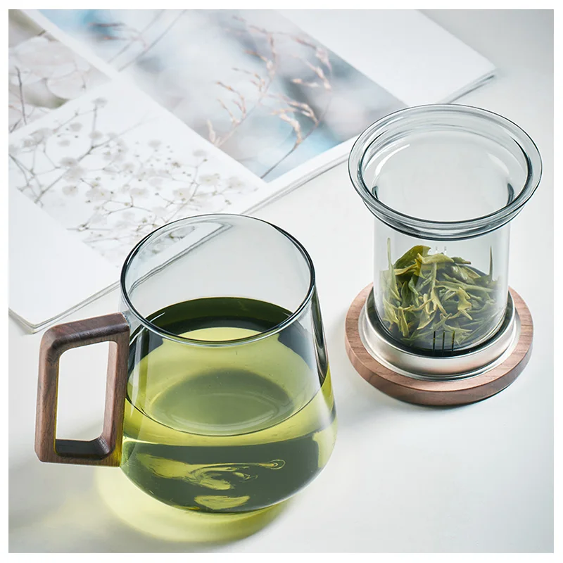 Tea Cup GIANXI Glass with Wood Handle for Chinese Puer Tea