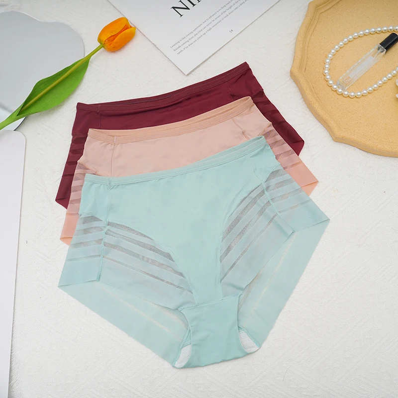 High-Waisted Mesh Ice Silk Triangle Pants Large Size Breathable Sexy Striped Seamless Underwear