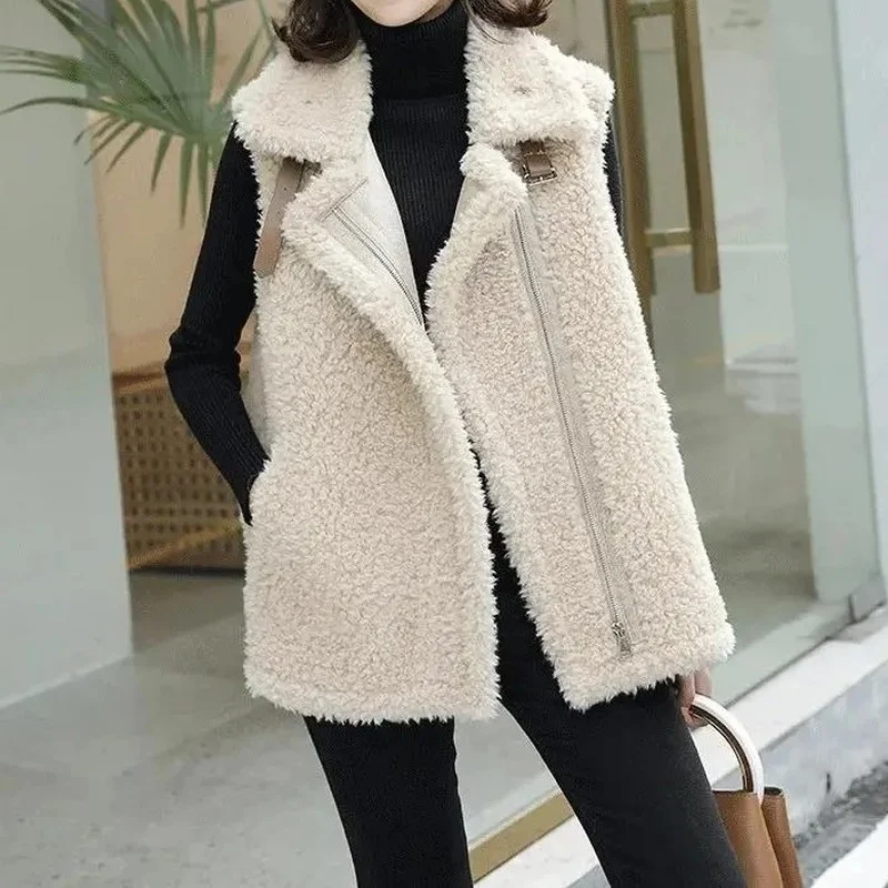  Winter Autumn Thick Lmitation Lamb Wool Vest Jackets Women Solid Warm Loose Zip Pockets Outwear Coat Gilet Femme Oversized