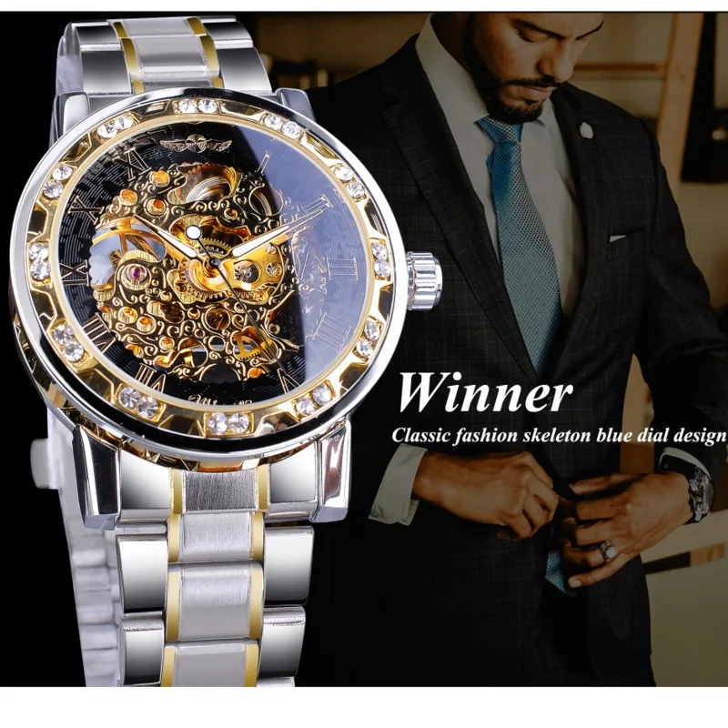 

Winner Transparent Fashion Diamond Luminous Gear Movement Royal Design Men Top Brand Luxury Male Mechanical Skeleton Wrist Watch