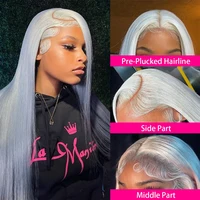 Perruque Lace Front Wig brésilienne naturelle, cheveux lisses, gris argenté, 13x4, couleur transparente 4