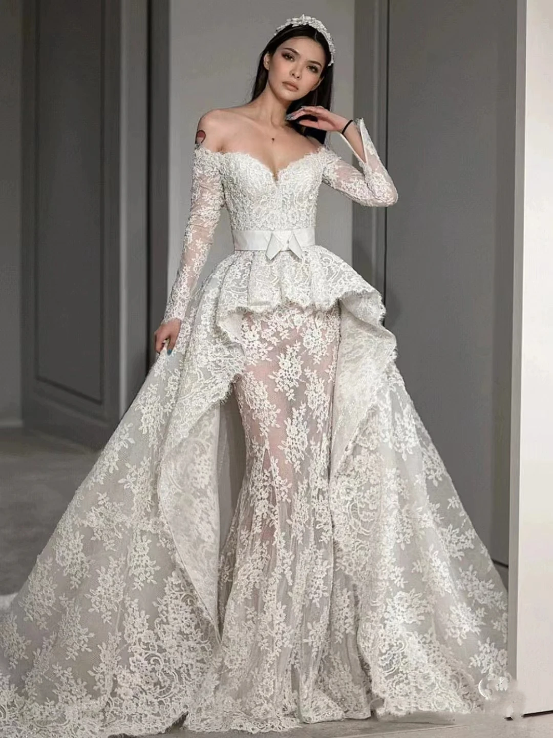 evening dresses plus size near me Long-Sleeve Prom Dress with Sheer Bodice main image 1