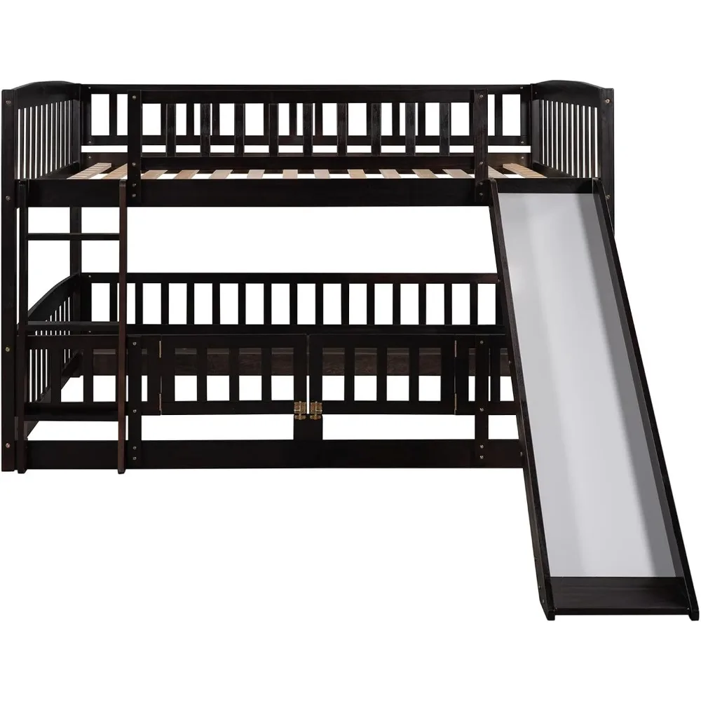 Full Over Full Low Bunk Bed with Slide and Fence Railings Wood Floor Bunk Beds with Ladder for Toddler Kids Boys Girls, Espresso 4